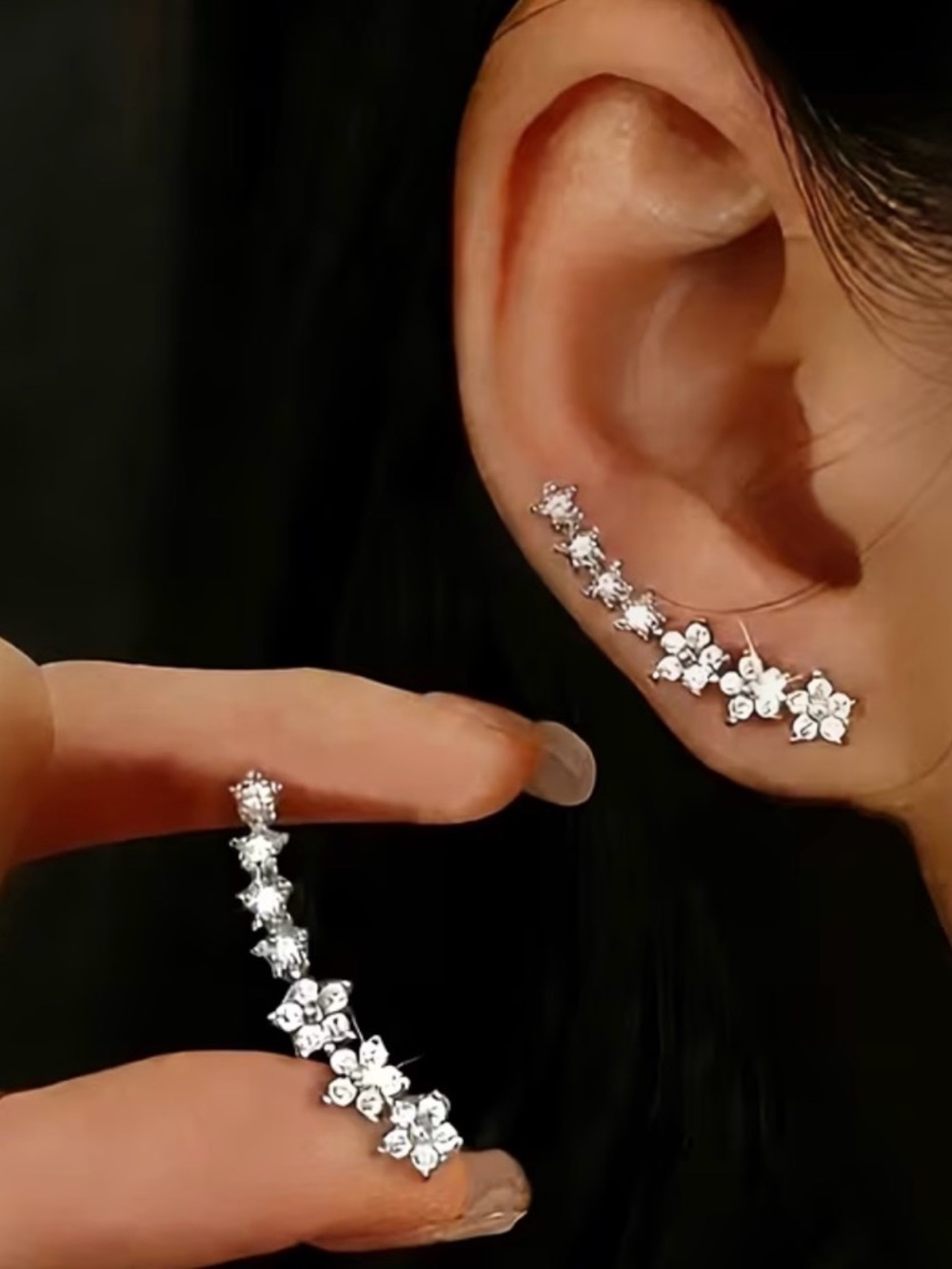 Silver Floral Crystal Ear Crawler Earrings - Women's Jewelry